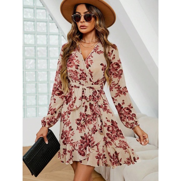Vielma O Neck L S Short Dress Snow White Print Pink Flower Comb